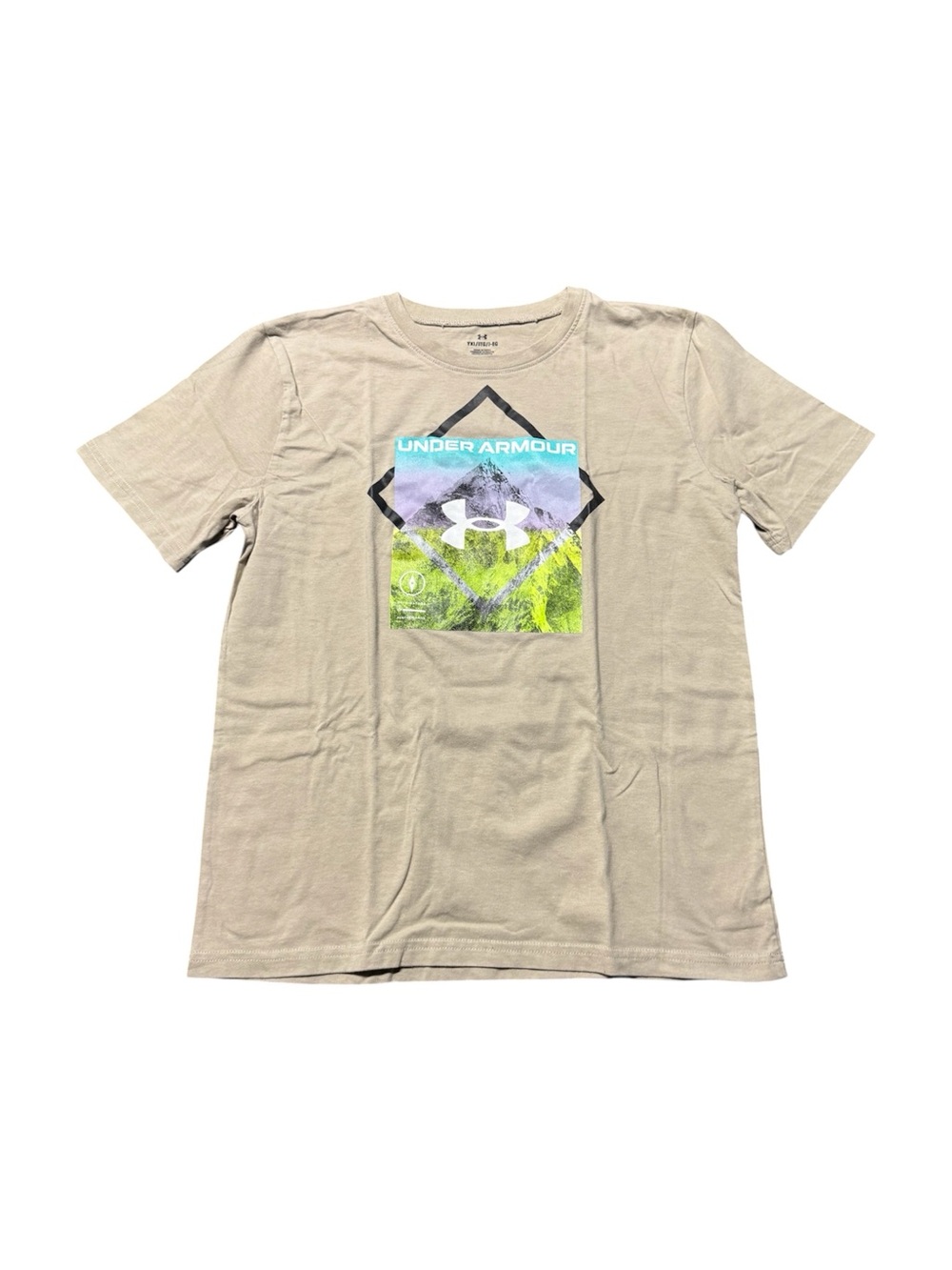 Under Armour Boys YXL Graphic Logo T-Shirt Beige Mountain Print Short Sleeve Tee